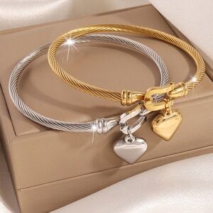 Gold & Silver Heart Charm Cable Bangle Bracelet Set - Women Jewelry